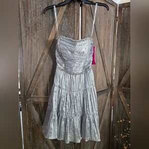 Morgan & Co Silver Strapless Dress with Beaded And Sequin Details
